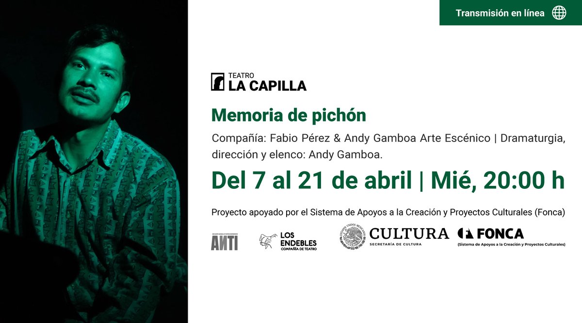 DISFRUTA
Memoria de Pichón
Hoy Miércoles 8PM

Biografía que a través del cuerpo, la voz y el teatro de papel, intentan un acercamiento al teatro testimonial. 

Boletos 🎟️🎟️
teatrolacapilla.com/memoria-de-pic…
.....
Teatro La Capilla es un proyecto realizado con estímulo del <a href="/SistemaCreacion/">Sistema de Apoyos a la Creación</a>