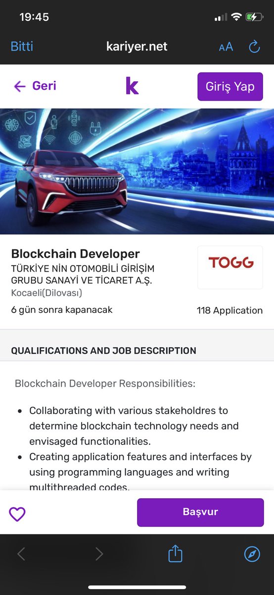 CryptoCroft's tweet photo. TOGG first electric car to be produced in Turkey. Check out the company's job posting. This is the begining real world adoption. @DomSchiener is this a sign of a new partnership? #IOTA  #IOTAstrong #IoTCommunity #iotjobs #TOGG https://t.co/kABZbYvWbW