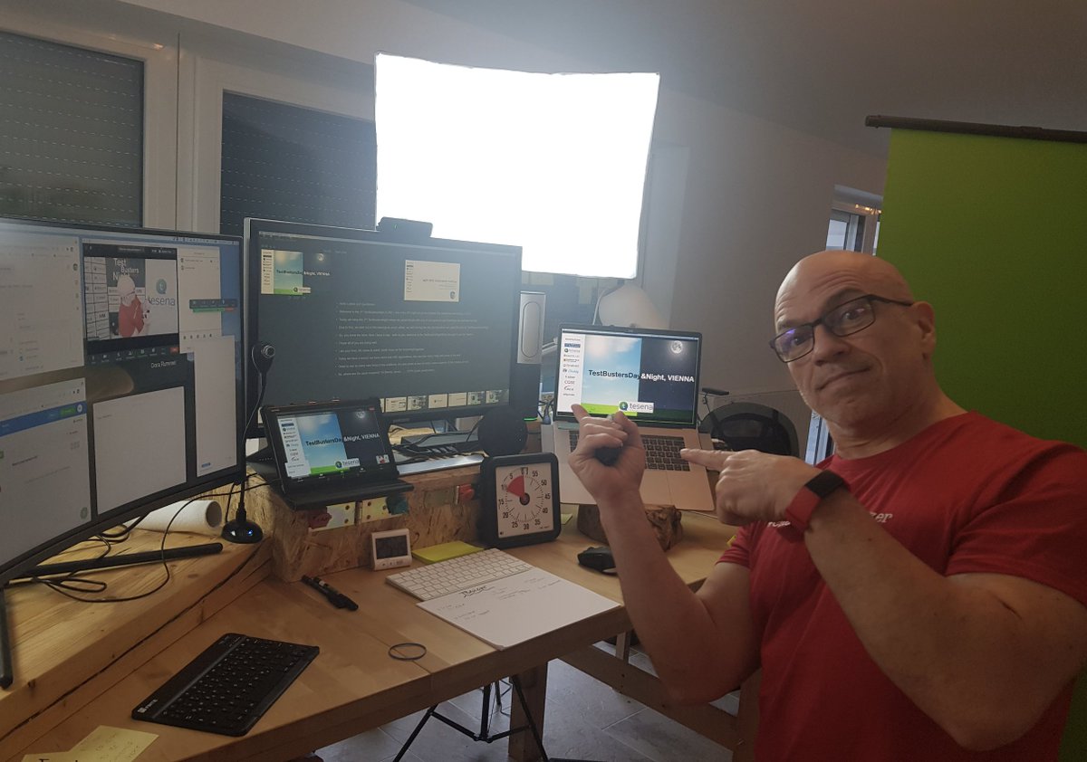 RudolfGroetz's tweet photo. #charmingOrganizerInAction - last test for tomorrows #TestBustersNight&Day brought to you by @tesenaCZ join us and listen @BagmarAnand @angelovstanton Viktorija Sujetaitė @marcelveselka @ptrthomas @GregPaskal Kevin Wittek @PhilRoyston @MatthiasZAX https://t.co/MYbUURMQ9Q