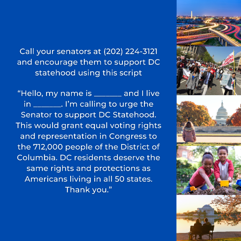 Janefonda's tweet photo. DC’s lack of statehood is a voting rights issue, a racial justice issue, and a public health and safety issue. Call your senators at (202) 224-3121 and encourage them to support #DCStatehood using the script below. #DCfor51”