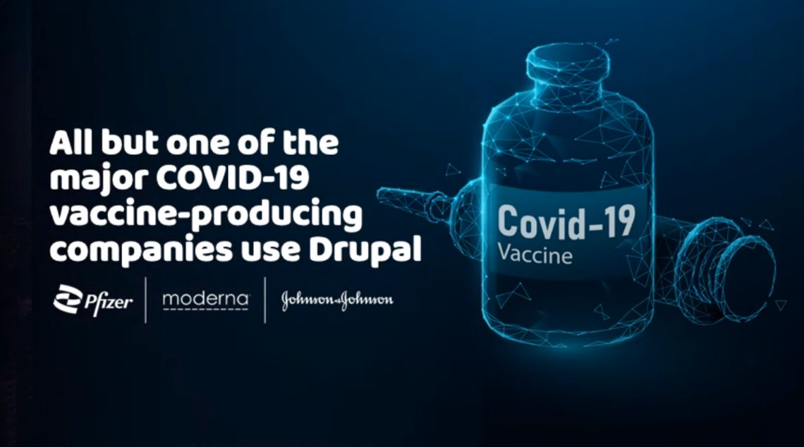 Drupal is also for ambitious vaccine experiences. Slide from the <a href="/Dries/">Dries Buytaert</a> <a href="/DrupalConNA/">DrupalCon North America</a> keynote saying 3/4th of the US vaccine-producing companies use Drupal. #vaccinate