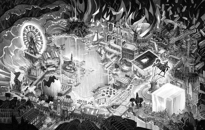 I drew this map of @studioZAUM 's Disco Elysium, for the Final Cut of the game that was released recently .. maybe you've spotted it in-game?? 
It will also accompany @iam8bit 's limited edition run of the game as a cloth print. 

55x35cm ink on claybord and digital 