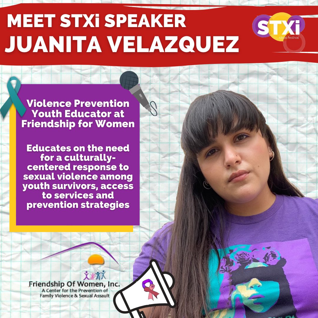 stxifest's tweet image. Meet STXi Fest 2021 Speaker Juanita Velazquez! 🎉 Juanita is a youth educator at Friendship of Women, a local center for the prevention and intervention of domestic and sexual violence in South Texas. We are looking forward to hear Juanita speak about her journey! 😊