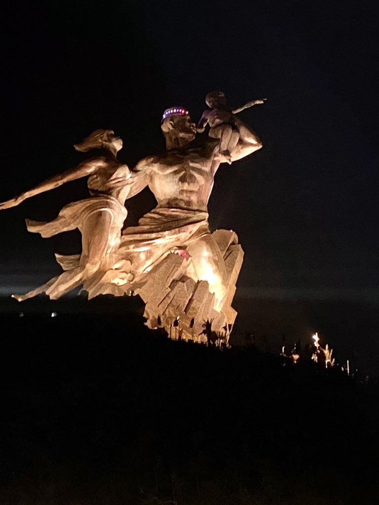 Night-view of the 171-feet African Renaissance Monument located on top of the Collines des Mamelles twin-hills in Dakar, Senegal.