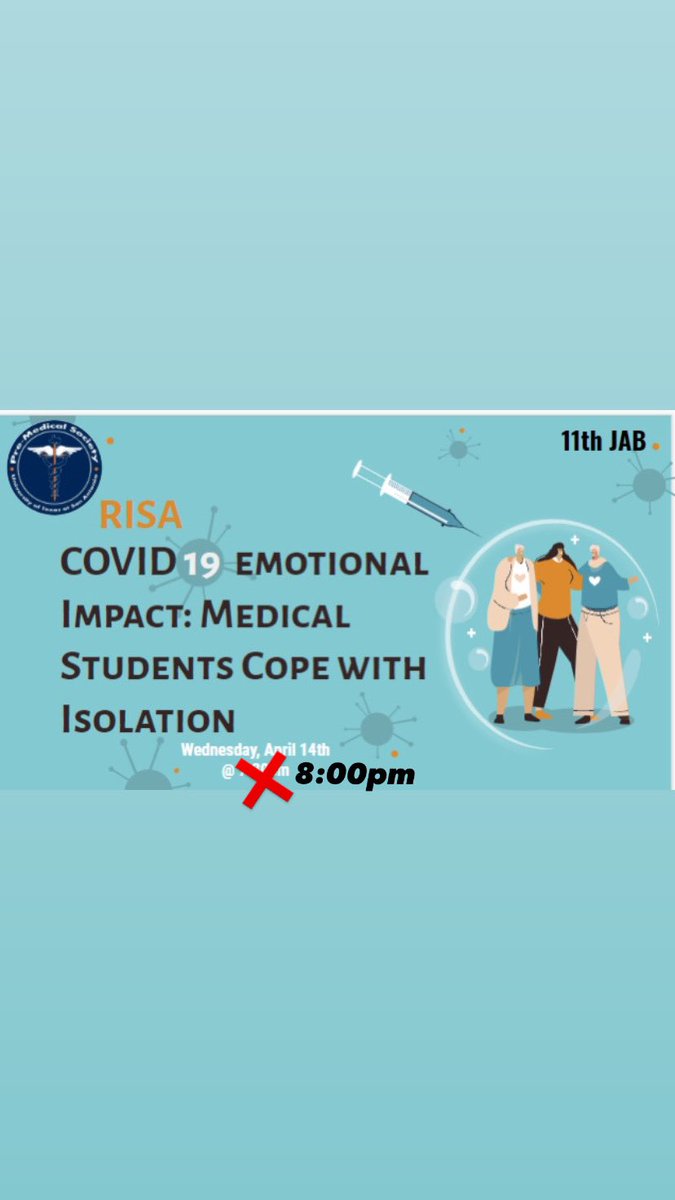 Hey everyone we have our 11th JAB session of the semester and we will be discussing the impact of the covid quarantine and how medical students cope with it, it starts at 8pm and we hope to see you all there!