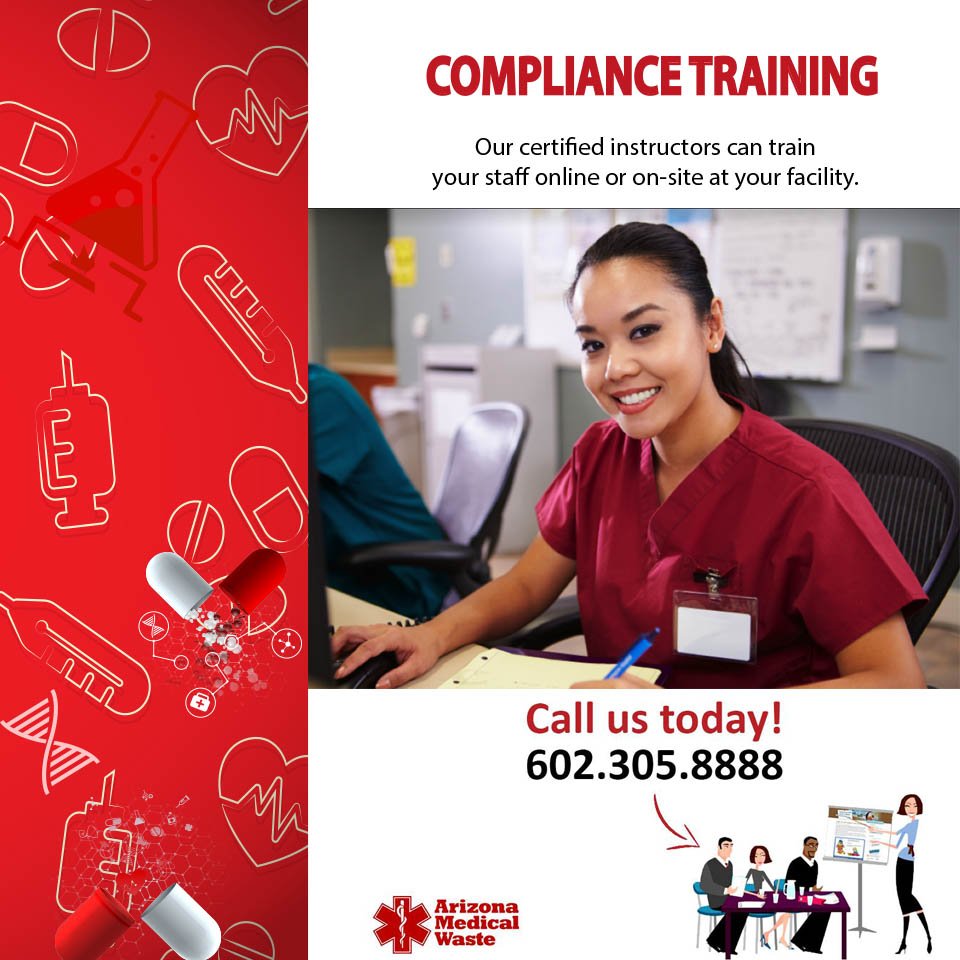 ACalwaste's tweet photo. We offer a full suite of online
compliance training modules, including:
-OSHA training
-HIPPA training
-DOT training
-Blood borne Pathogens
Save up to 40% or more on medical waste pickup &amp; disposal. https://t.co/0zBEwk6HC6
 #Oshatraining #Hippatraining #medicalclass #Arizona https://t.co/gMDqZCJqHr