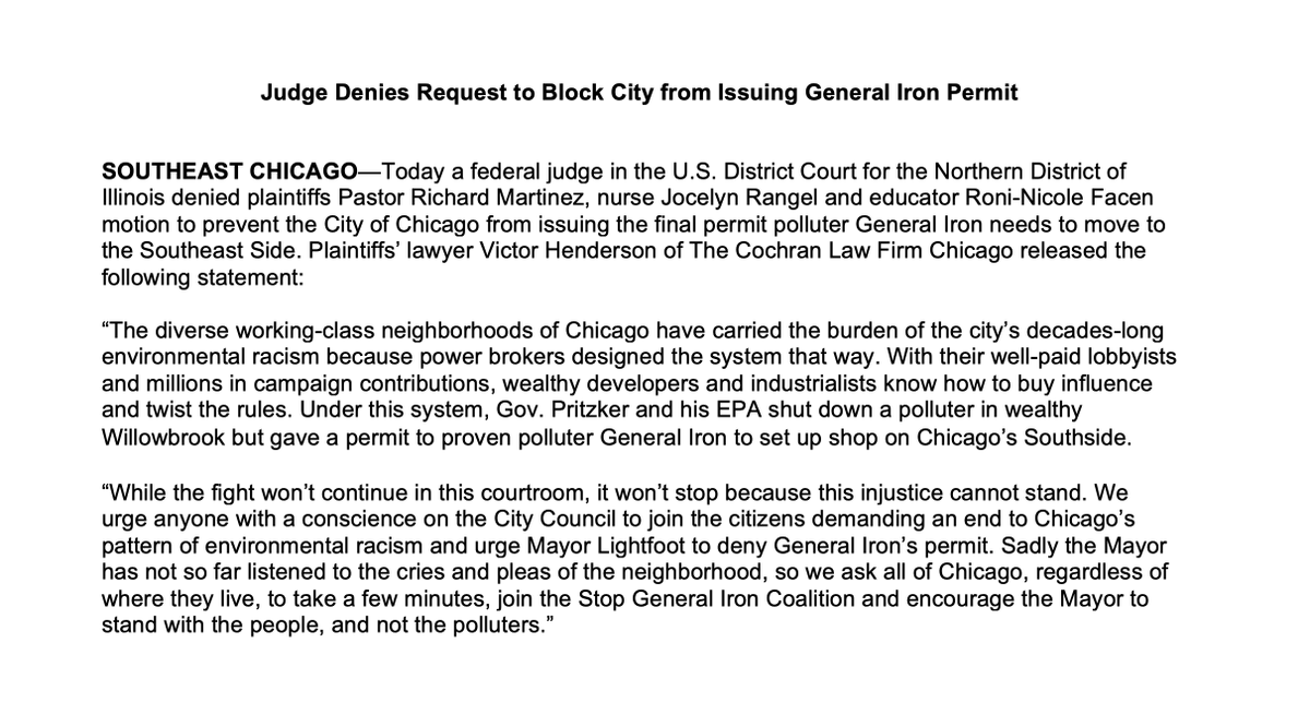 stopgeneraliron's tweet photo. While the fight won't continue in court, we must continue to show @chicagosmayor that the people &amp; community do not want General Iron

It's going to take all of us @CHIhungerstrike @IndivChi_South @chi_sscbp @clean_nb &amp; more - we can't stop now #denythepermit  #stopgeneraliron https://t.co/Dhdx15kD85