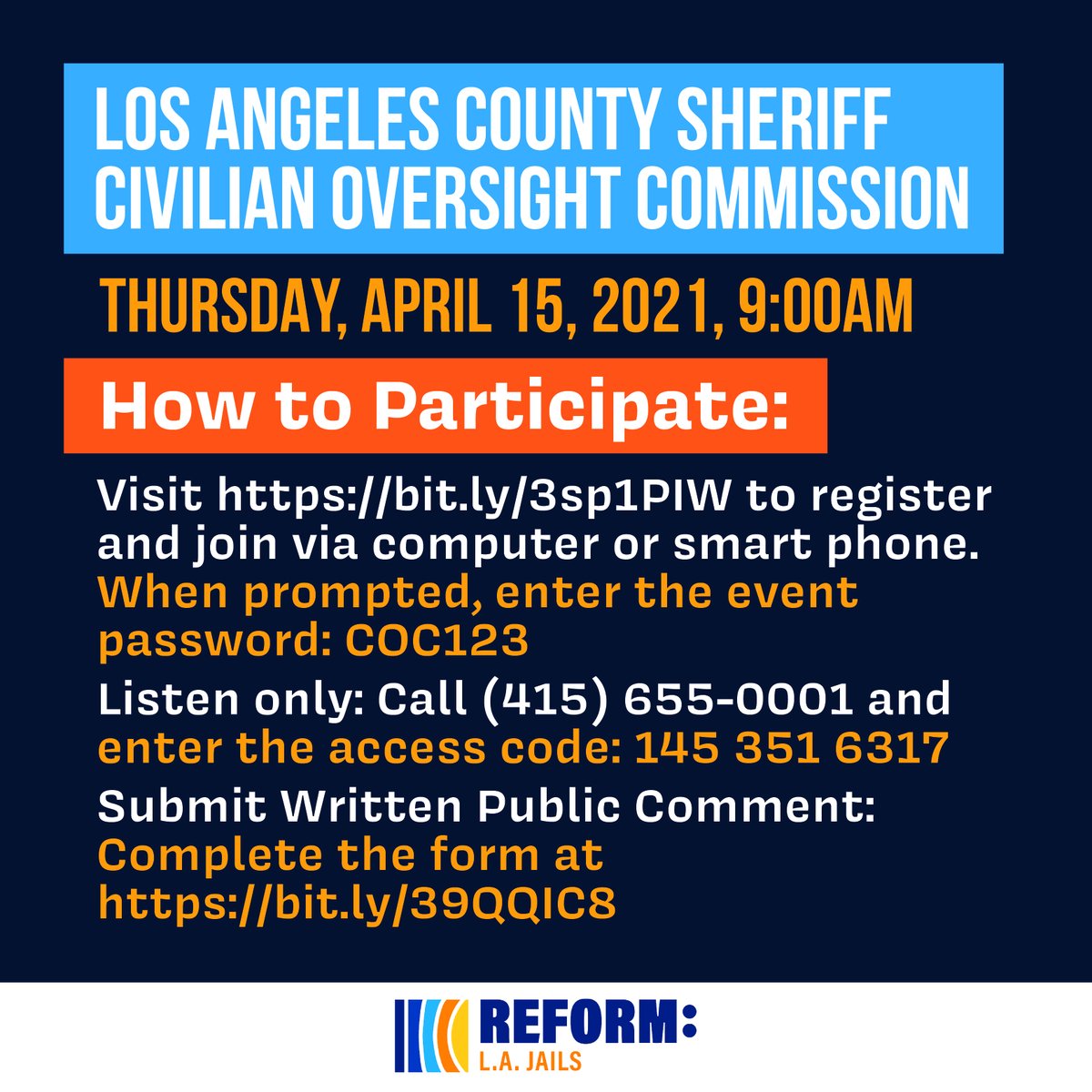 JusticeLANow's tweet image. 📢 ACTION ALERT TODAY FOR TOMORROW THURSDAY, 4/15 AT 9:00AM PST!! 📢

🚨Submit written public comment TODAY to the @CountyofLA Sheriff Civilian Oversight Commission! ➡️ bit.ly/39QQIC8

➡️ Use the toolkit with talking points HERE: jlanow.org/SCOCcomment0414