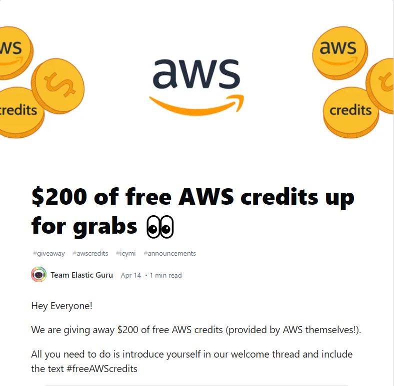 Karissa_Wood_'s tweet photo. 💰Want to receive $200 in AWS credits? All you need to do is introduce yourself in the @theelasticguru welcome thread and include the text #freeAWScredits. 

👉OR share this post on Twitter with the hashtag #freeAWScredits and tag @theelasticguru. 🥳

#awscommunity #awsusergroups https://t.co/UHeANMXMlu