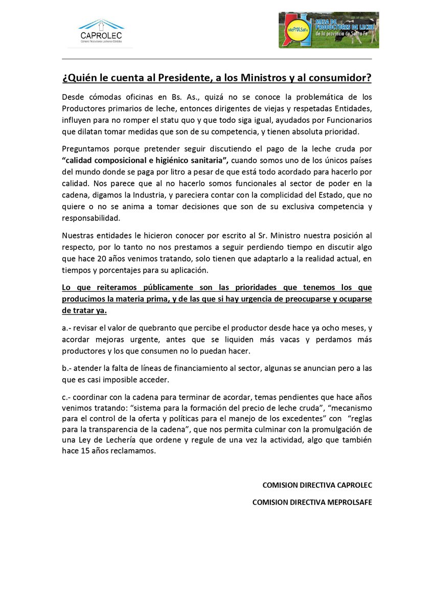 CAPROLEC's tweet image. ¿Quién le cuenta al Presidente, a los Ministros y al consumidor? CAPROLEC y MEPROLSAFE reiteran sus prioridades.