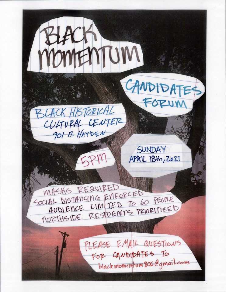 CITY COUNCIL CANDIDATE DEBATE Sunday April 18, 2021 @ 5pm @ the Black Historical Cultural Center on 901 N Hayden. Youtube livestream: youtube.com/channel/UCYJQs… For more info, check out the Blac Momentum Facebook Page: facebook.com/blackmentum806