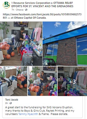 1_Resource's tweet photo. The donations are coming and we are so grateful. Thanks to the @bgcottawa!
For questions on dates and times for drop off please email givetosvg@gmail.com

#StVincentAndTheGrenadines #StVincentVolcano #stvincentreliefefforts https://t.co/wpIC40GBy7