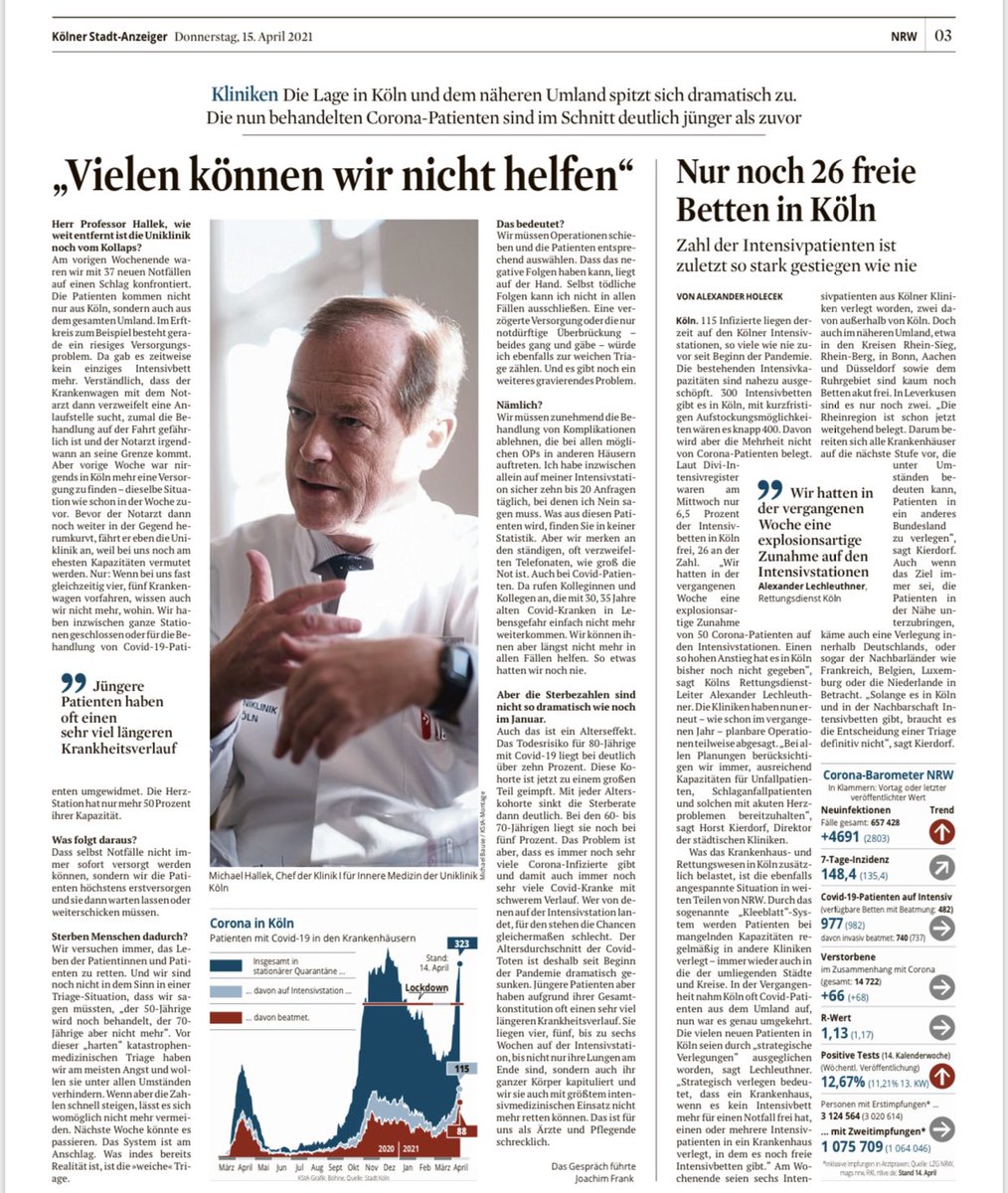 Hier beschreibt ⁦<a href="/HallekMichael/">Michael Hallek</a>⁩ die Lage in unserer Uniklinik in Köln. Die weiche Triage, suboptimale Versorgung durch Verlegen oder Verschieben, hat schon begonnen. Die Lage spitzt sich täglich zu. Und wir diskutieren immer noch über 21 Uhr Ausgang oder nicht...