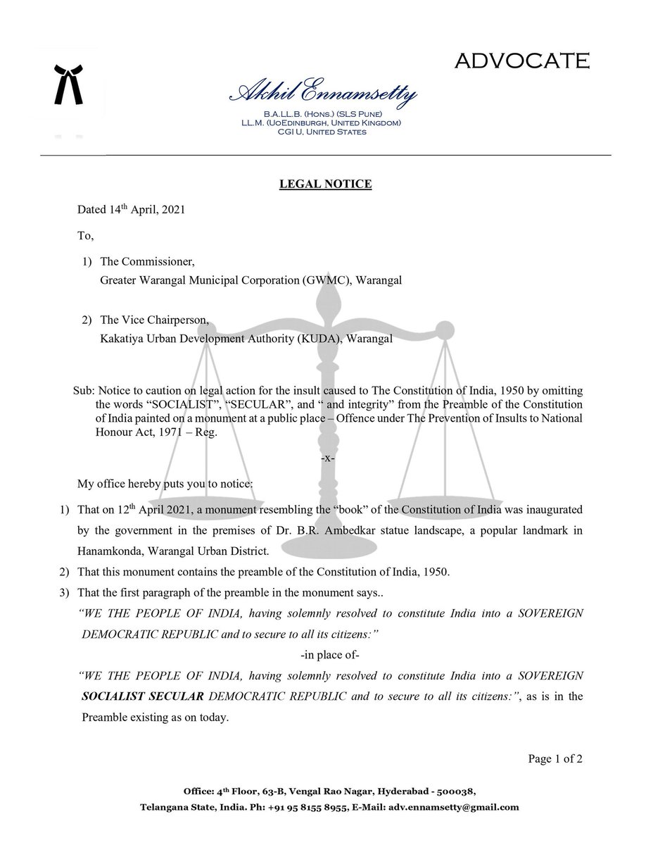AdvEnnamsetty's tweet photo. @MC_GWMC @KakatiyaW 
@cdmatelangana @Collector_WGLU 
LEGAL NOTICE
Take full notice accordingly!
'Distortion of Preamble of the Constitution of India' https://t.co/cBnRFgTSS0