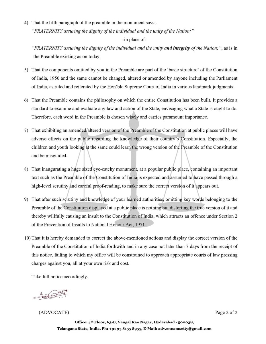 AdvEnnamsetty's tweet photo. @MC_GWMC @KakatiyaW 
@cdmatelangana @Collector_WGLU 
LEGAL NOTICE
Take full notice accordingly!
'Distortion of Preamble of the Constitution of India' https://t.co/cBnRFgTSS0