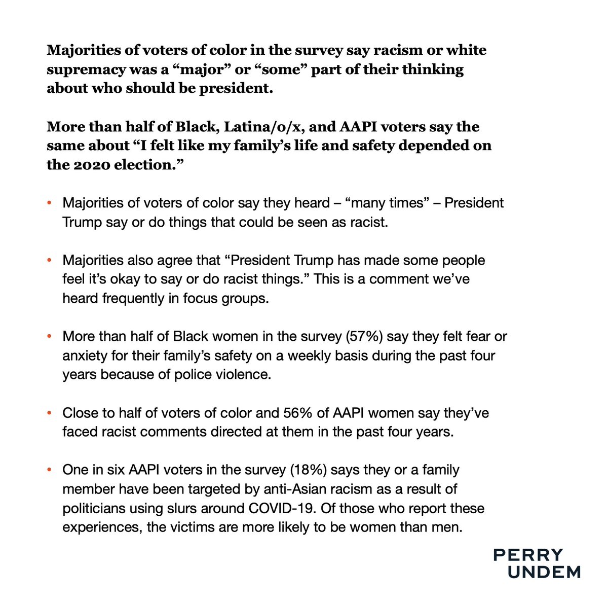 17. Among many voters of color, themes of racism, violence, safety and security were voting issues. (We also looked at predictors by race/ethnicity - in report)