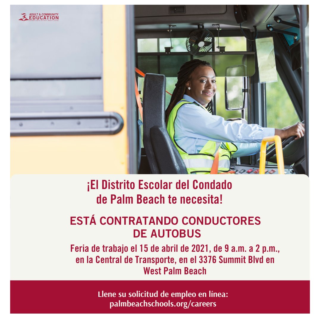El Departamento de Servicios de Transporte del Distrito Escolar del Condado de Palm Beach contratará conductores de autobuses. Se anima a los interesados ​​a presentar su solicitud en línea palmbeachschools.org/careers
.
.
.
#Feriadetrabajo #ContratandoPersonal #Edu #Escuelas