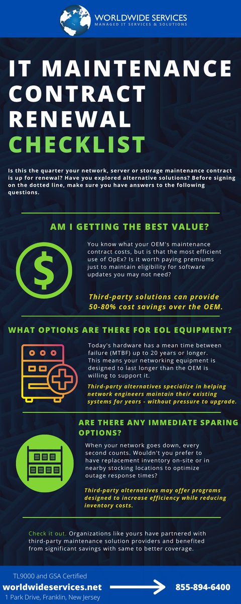 WWSITsolutions's tweet image. ☞ Is your Network, Server or Storage maintenance contract coming up for renewal? Check out our handy IT Maintenance Contract Renewal Checklist infographic to assist in the process. #maintenance #service #network #thirdpartymaintenance #itsolutions #smartnet ✅