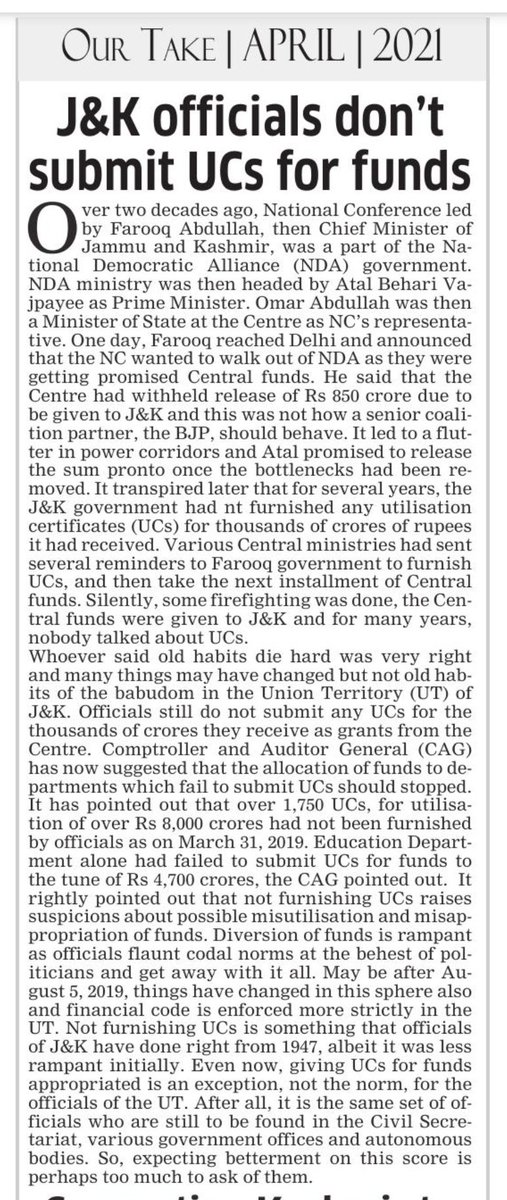 DrVikasPadha's tweet photo. A typical example of #PowerWithoutAccountability👇
The erstwhile state of J&amp;K kept on getting Central Funds without submitting Utilization Certificates. 
This trend has to stop in the UT of J&amp;K.
Enforcing submission of UCs will go long way in curbing Corruption here @manojsinha_ https://t.co/pQ9R6oc1lY
