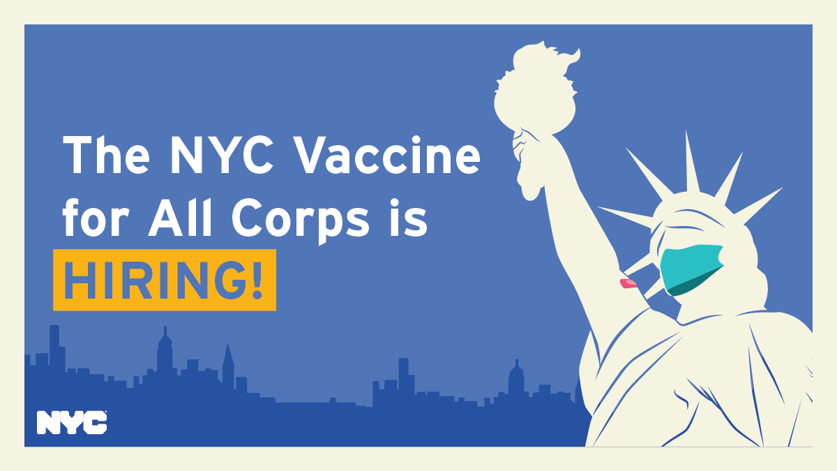 Interested in working at a vaccination site? Help serve your community and bring this pandemic to an end. Connect with Workforce1 Career Centers to learn more: nyc.gov/vaccinejobs