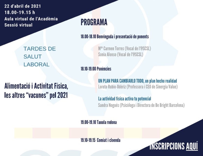 SCSLaboral's tweet photo. Nova #tardadesalutlaboral 📆22 d’abril ⏰18:00 #alimentació i #activitatfísica, les altres #vacunes pel 2021, amb @SandraNogues i @LoretoSinergia , i @sonialonsom @mctorresgamez Activitat #virtual i #gratuïta @SCSLaboral @copc_cat   Inscripcions👉 https://t.co/A8gMjGxt2Q https://t.co/ch5bkoVRD7