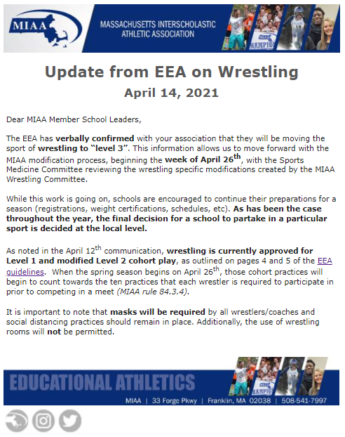 Latest update for #MIAA Wrestling  this spring....#lookspromising #patience #localdecisionRULES🤼‍♂️🤼‍♀️

#OneTeamOneMIAA
#maskupMIAa😷