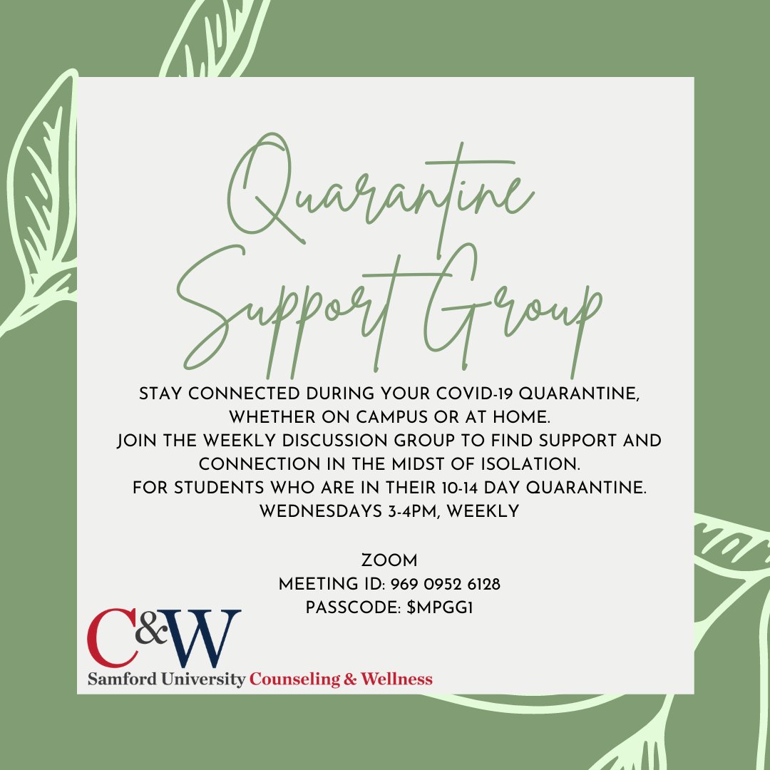 SUnivCounseling's tweet photo. Next week will be our last Zoom gathering offered to support students who are experiencing the frustrations and disconnection of Quarantine and Isolation during the pandemic.  Connect today @ 3pm for a final semester boost! (link in bio)

Join today: https://t.co/HbvO414DvA https://t.co/y8k7Nv33bR