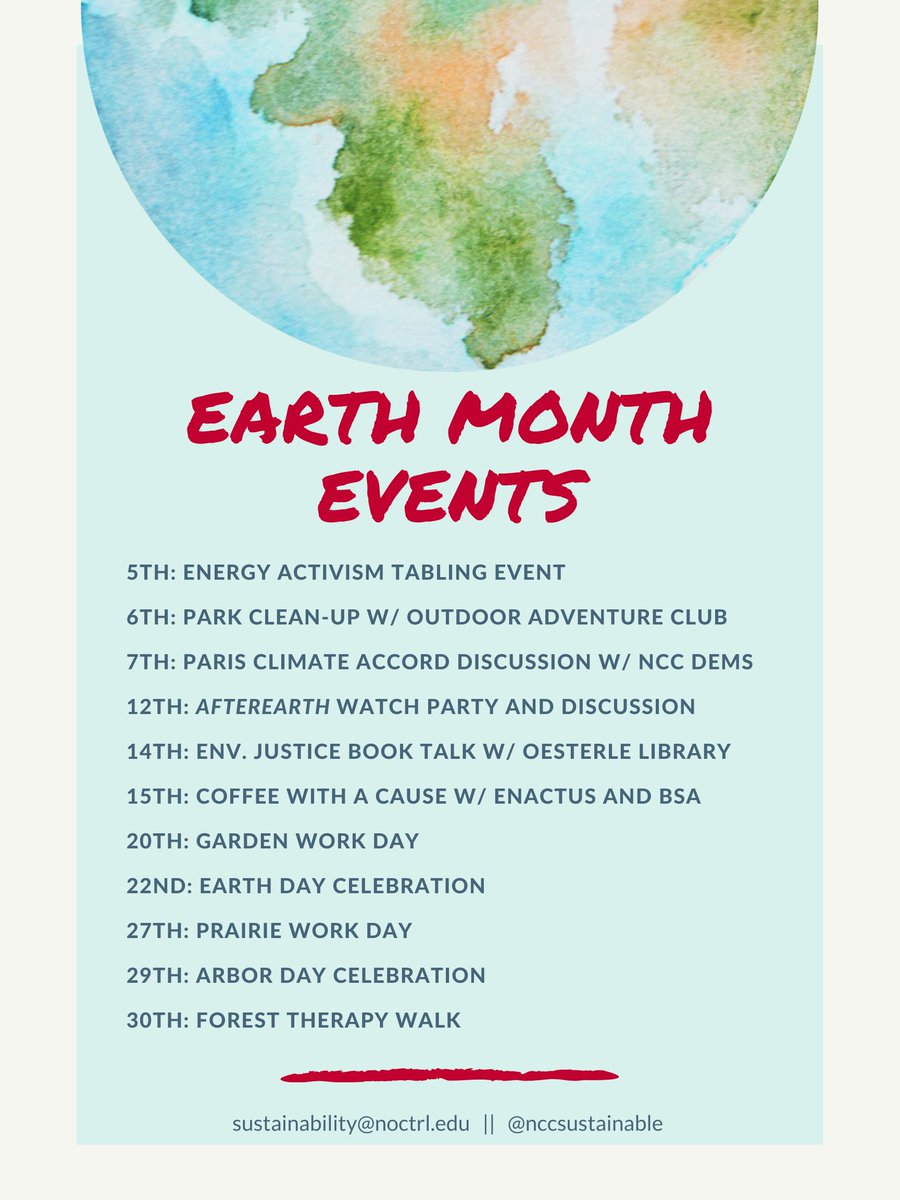 #EarthMonth at #NorthCentralCollege is in full swing! 🌎

To celebrate, join <a href="/NCCSustainable/">NCC Sustainability</a> and other campus organizations for both in-person and virtual events throughout the month! For more information, visit bit.ly/3wOTFfo.