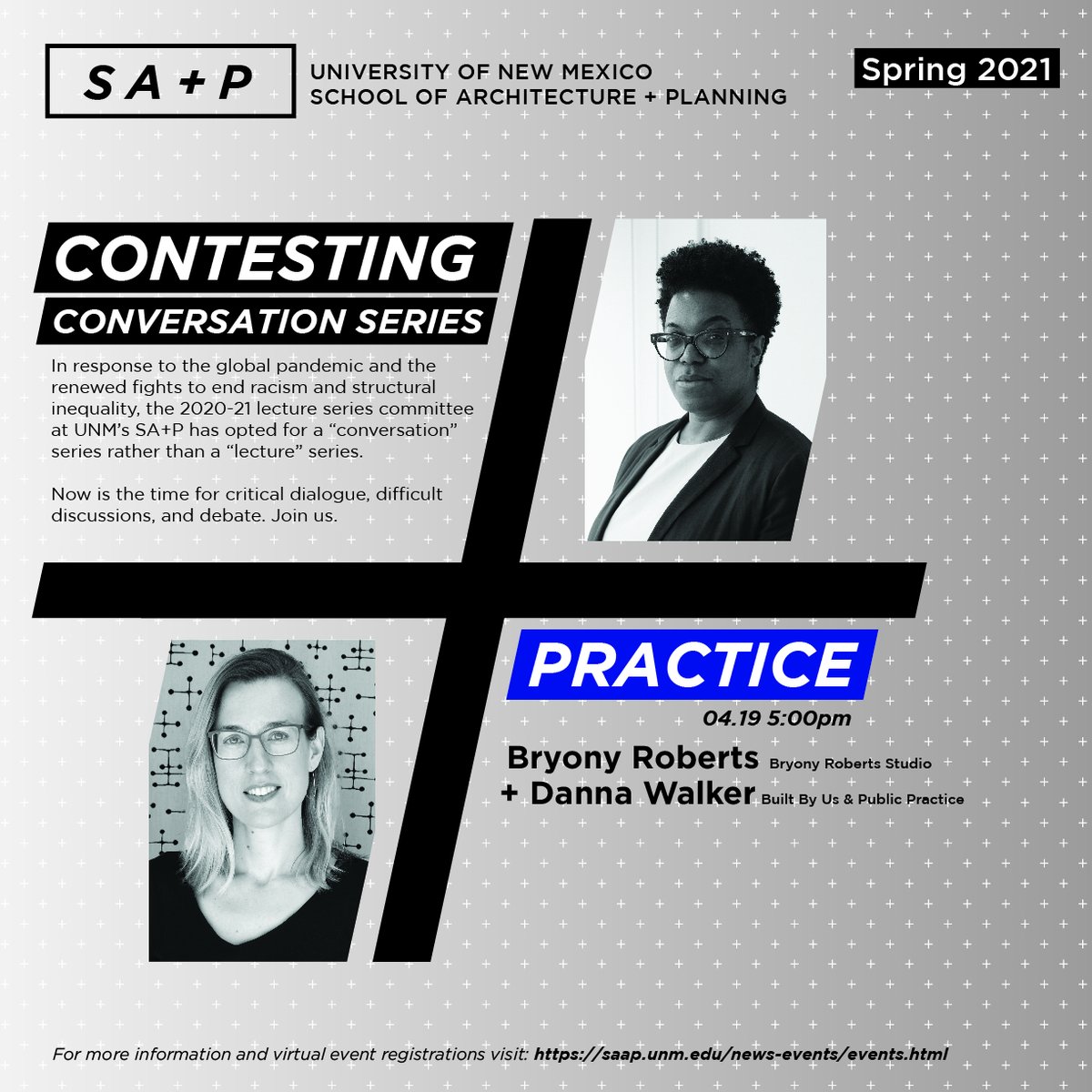 Join us Monday, April 19 at 5pm for our final conversation for the year, [Contesting] PRACTICE, with architects and advocates Danna Walker (Built By Us and Public Practice) and Bryony Roberts (Bryony Roberts Studio). Register to attend at: saap.unm.edu/news-events/ev…