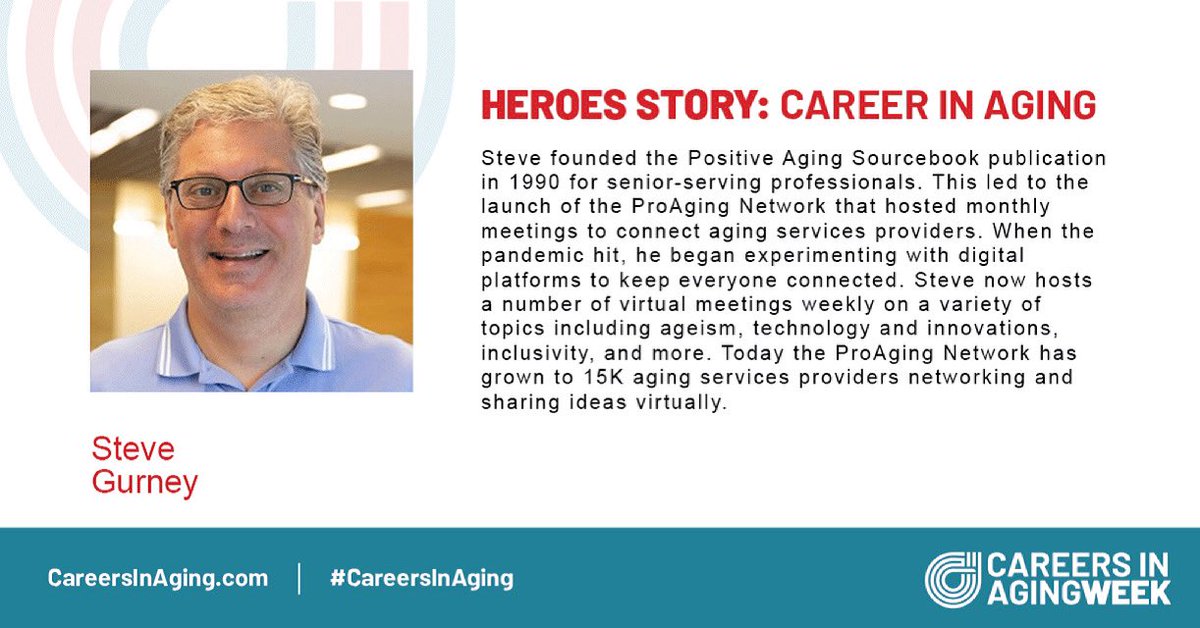 Spread the word about Careers in Aging Week! Inspire the next generation to pursue a career in the aging field like Steve Gurney, M.A. ’08, management of aging services, Founder of Positive Aging Sourcebook and the ProAging Network. #CareersinAging bit.ly/ciaw2021