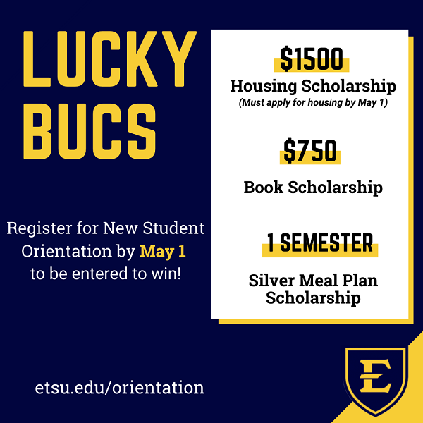 ETSUAdmissions's tweet photo. Sign up for orientation for a chance to win one of these cool prizes! Register before May 1 for a chance to be one of these Lucky Bucs. Check the email you applied with for your invitation or go to https://t.co/8HlSdz9tSg to sign up!
.
#etsu #orientation #welcomehomebucs #newbucs https://t.co/0NdaylzQX5