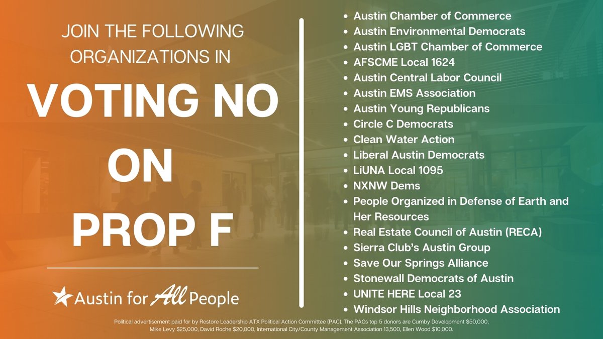 Austin4AllPpl's tweet photo. The following organizations agree a Strong Mayor form of government is NOT right for Austin. Make your voice heard and join us in voting NO on Prop F. 
Early voting begins Monday, April 19, and ends Tuesday, April 27. The last day to vote is Election Day on Saturday, May 1. https://t.co/jhKDtYW5wl