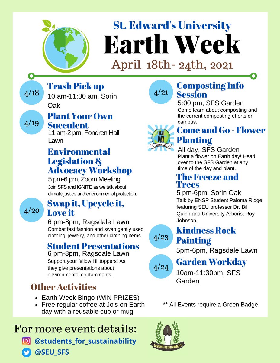 SEU_SFS's tweet photo. Earth Week Events! 🌎 https://t.co/h3Zr9Ta3cI