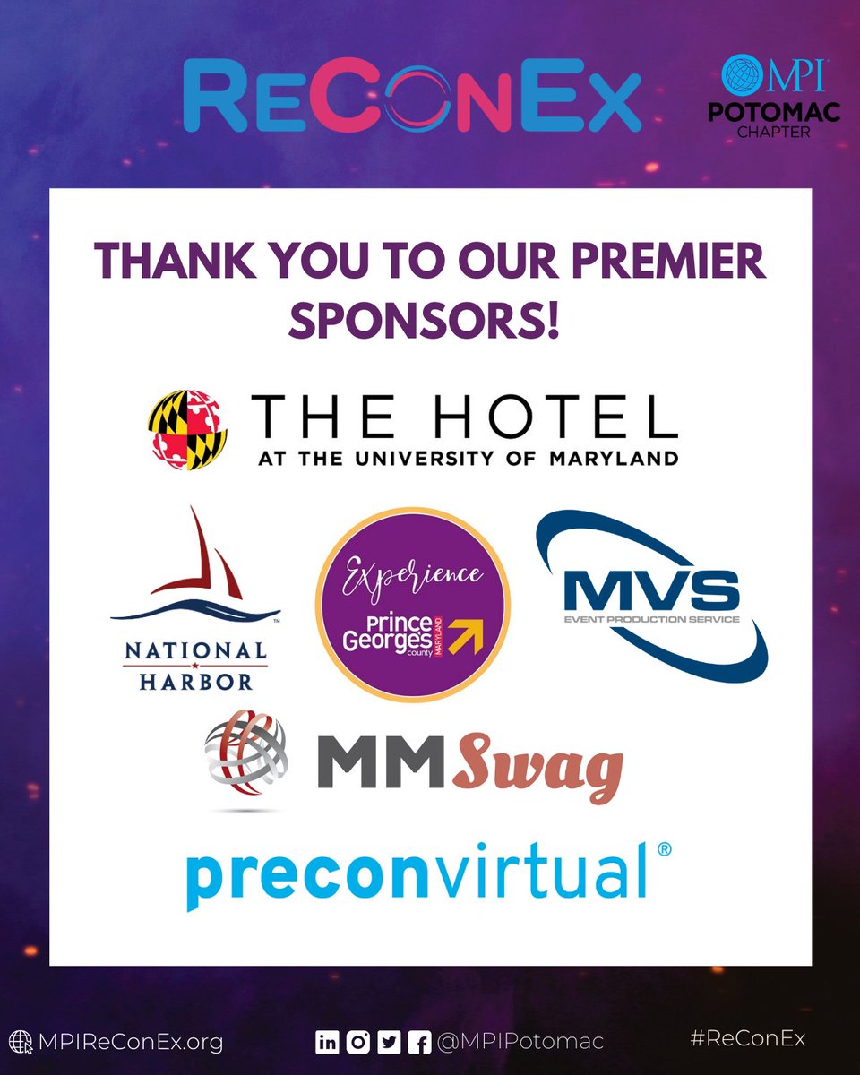 MPIPotomac's tweet image. And that's a wrap! Thank you to our premier sponsors, #ReConEx was a success thanks to you!
- The Hotel at the University of Maryland @ thehotelumd.com
- @NationalHarbor
- @ExperiencePGC
- @MVSEvents
- MMSwag @ mmsmeetings.com
- @PreconEvents