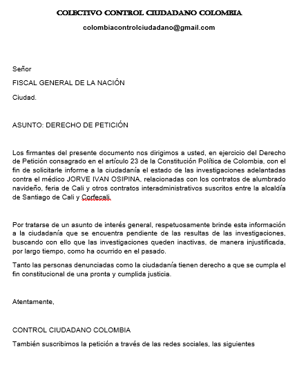ColombiaControl's tweet photo. Por favor, acompañenos con la difusión y firma de este Derecho de Petición al Fiscal General de la Nación. @FiscaliaCol https://t.co/HjM5cd7Flm