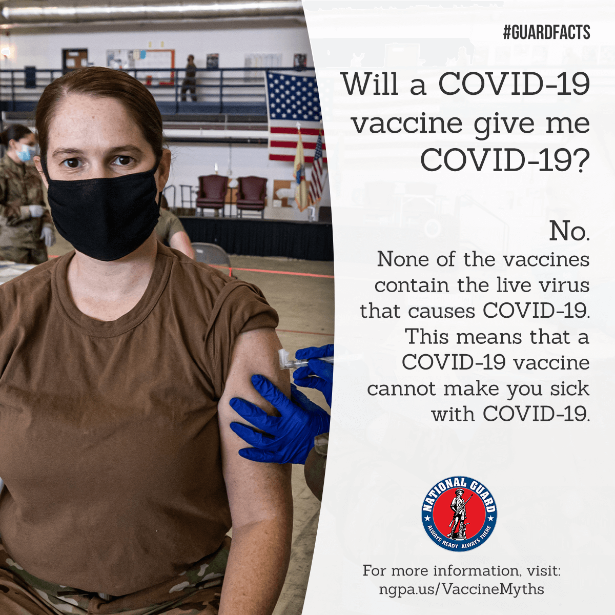 DCGuard1802's tweet photo. Do you have questions about what is a fact versus a myth when it comes to the COVID-19 vaccines? Visit https://t.co/S7Hv84J8nZ and follow
@CDCgov. #InThisTogether #GuardFacts https://t.co/Kc9SZasUAl