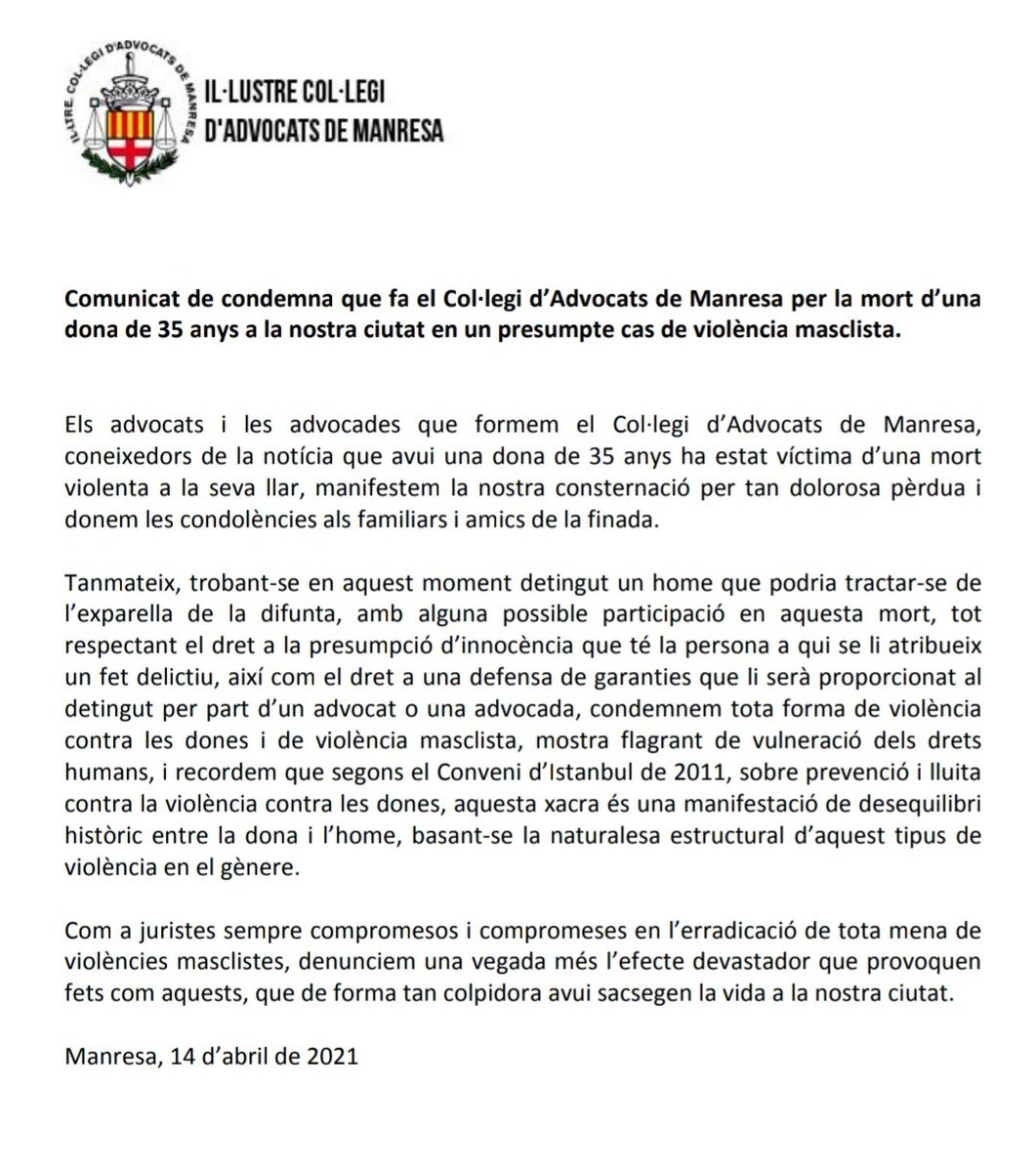 ADVOCATS MANRESA (@icamanresa) on Twitter photo Comunicat de <a href="/ICAMANRESA/">ADVOCATS MANRESA</a> contra la violència masclista Comunicat de <a href="/ICAMANRESA/">ADVOCATS MANRESA</a> contra la violència masclista