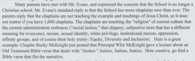 It takes particular issue with the use of the word "justice" at the school. 4/