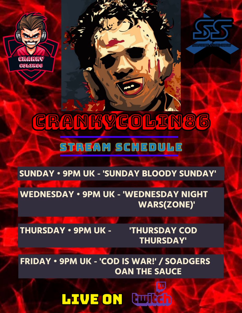 crankycolin86's tweet photo. Huge thanks to @Evilchaig for making this for me but for future reference here is my stream schedule going forward. Hope to see you guys in the #twitch #Streams. #smallstreamers #CallofDutyWarzone #twitchstreamer https://t.co/08aAl8dPFc https://t.co/R42Fv5f8fm