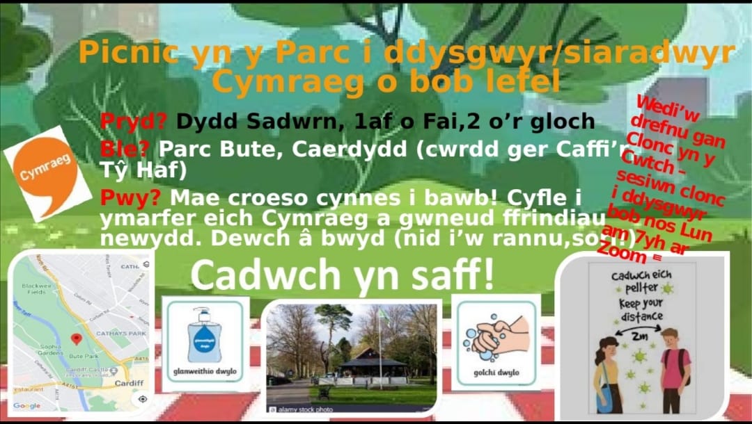 𝔻𝕖𝕚𝕟𝕚𝕠𝕝 𝕒𝕓 𝔸𝕝𝕦𝕟 🏴 (@deiniolcarter) on Twitter photo Bydd criw Clonc yn y Cwtsh yn gobeithio cynnal picnic ar 1af Mai ym Mharc Biwt, Caerdydd (yn dibynnu ar y gyfyngiadau).
Clonc yn y Cwtsh crew are hoping to hold our first picnic in Bute Park, Cardiff on 1st May (depending on restrictions).
Dewch yn llu!
<a href="/yrawrgymraeg/">#yagym🏴Yr Awr Gymraeg</a> #yagym Bydd criw Clonc yn y Cwtsh yn gobeithio cynnal picnic ar 1af Mai ym Mharc Biwt, Caerdydd (yn dibynnu ar y gyfyngiadau).
Clonc yn y Cwtsh crew are hoping to hold our first picnic in Bute Park, Cardiff on 1st May (depending on restrictions).
Dewch yn llu!
<a href="/yrawrgymraeg/">#yagym🏴Yr Awr Gymraeg</a> #yagym