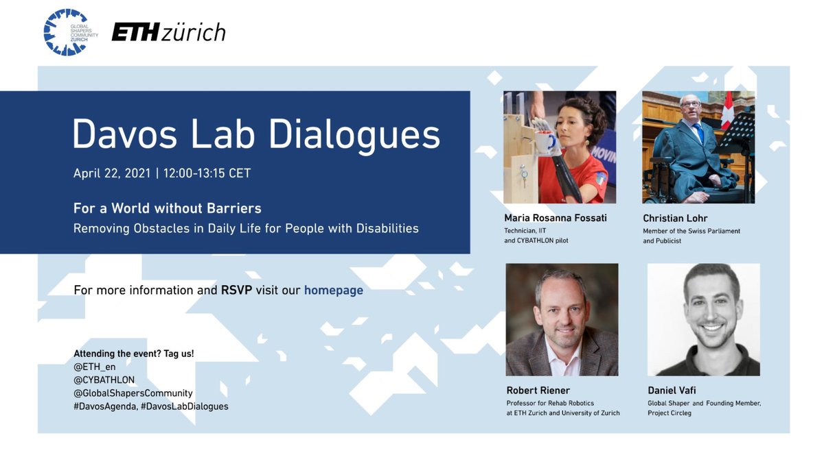 Join our #DavosLabDialogue “For a World without Barriers” on 22.04. 12pm 🚀
bit.ly/3uUMukf
<a href="/GlobalShapers/">Global Shapers</a> <a href="/ETH_en/">ETH Zurich</a> <a href="/cybathlon/">CYBATHLON</a>