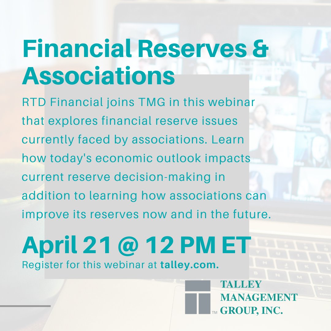 TalleyMgmt's tweet image. #Financialreserves is a trending topic in the #association industry. Join #TalleyMgmt &amp;amp; RTD Financial on 4/21 at 12 PM for a webinar focusing on financial reserves. 💰

Register here &amp;gt;&amp;gt;&amp;gt; ow.ly/JRco50EoLtp

#assnchat #finance #budget #associationmanagement #accounting
