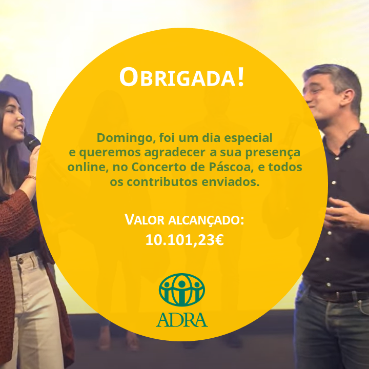 Objetivo superado! 💪😍
Obrigada a todos.

nota: devido a problemas técnicos com o Mbway, que só esta manhã ficaram resolvidos, só agora conseguimos fechar as contas. Agradecemos a compreensão e colaboração de todos/as.

#ADRA #ADRAPortugal
#concertoADRA #omelhordapascoa
