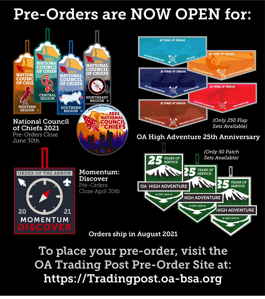 Pre-Orders are NOW OPEN for NCOC 2021, Momentum: Discover and special OAHA 25th Anniversary patches! Get yours today at tradingpost.oa-bsa.org