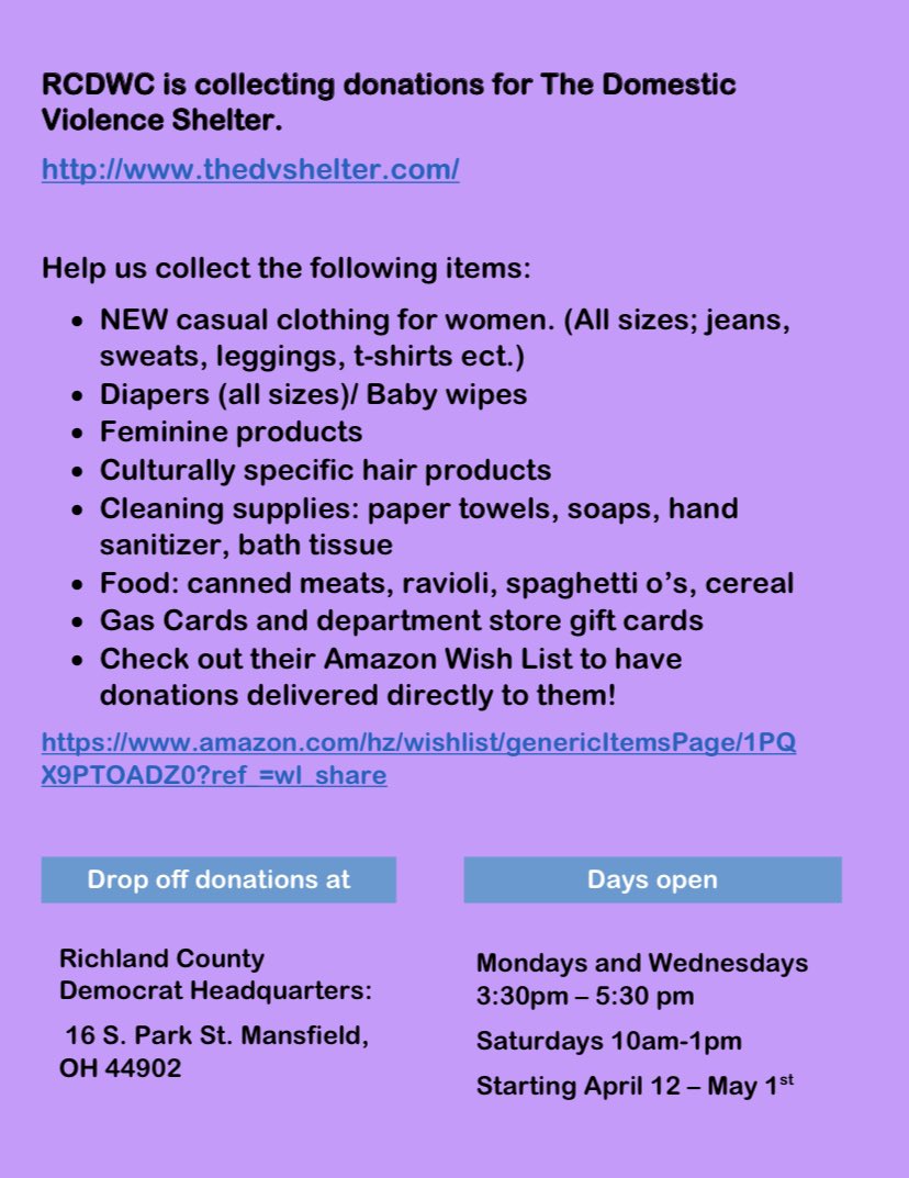 Richland_Dems's tweet photo. The Women’s Caucus is collecting items for the local domestic violence shelter. If you’re not local but would like to help please check out their wishlist. https://t.co/89NzDcIZmT