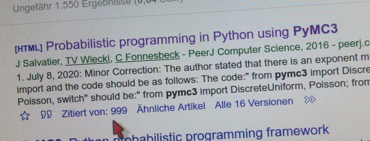 tuennermann's tweet image. @pymc_devs #PyMC3 paper at 999 citations! And I&apos;m just about to add another one!