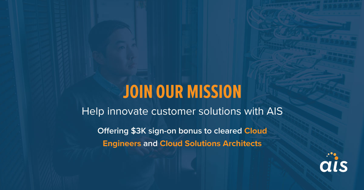 aisteam's tweet image. Calling All Cleared #CloudEngineers and #CSAs! Join our mission and earn a $3K sign on bonus! Want to learn more about AIS and the open positions? Apply today: okt.to/FWQJfh