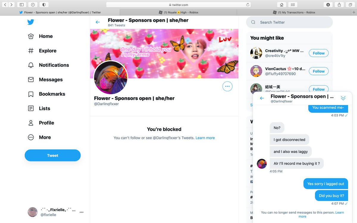 flxrielle's tweet photo. @Darlinqflxxer GUYS REPORT HER SHE BLOCKED ME AND I GAVE HER 1m DIAMONDS LINK TO THE VID IS IN THE THREAD PLEASE REPORT THEM THEIR USER IS THEKILLERCOOKIE23 #scammer #robuxscam #scammer #robuxscammer #royalehigh #RHTC #robux https://t.co/EKRUnZ3PDg
