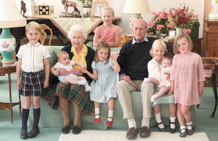The Queen and The Duke of Edinburgh surrounded by seven of their great-grandchildren at Balmoral Castle in  2018.
‘Today, members of the Royal Family have shared photographs of The Duke of Edinburgh, remembering him as a father, grandfather and great-grandfather.#DukeofEdinburgh