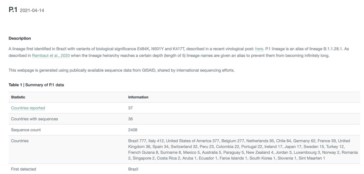 25/ Ca nous fait une trentaine de cas positifs arrivés en France du Brésil, mais tous n'ont pas le variant qui a l'échappement vaccinal ET l'infectiosité très forte.Les tests donnent aujourd'hui 38 cas en France, et on en loupe 60%. Ca fait 100 cas P.1. https://cov-lineages.org/global_report_P.1.html